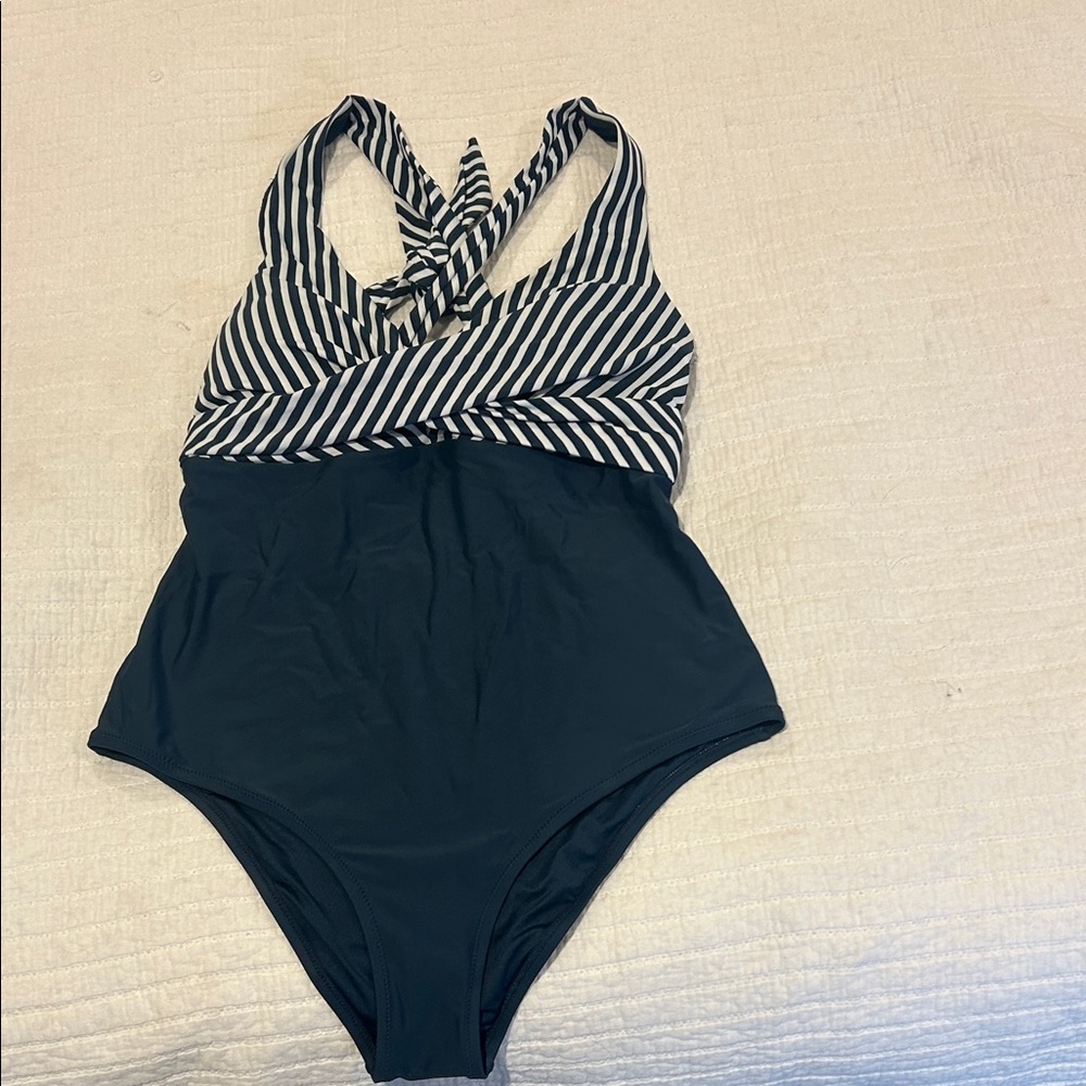 Cupshe Navy One-Piece with White Stripe Twist Bodice